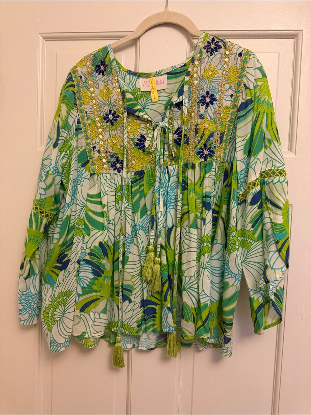Embroidered Green & Blue Floral Peasant Tunic